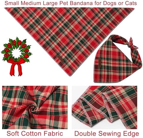 Christmas Plaid Dog Bandana–Red and Green Checked Triangle Scarf for Small Medium Large Dogs, Soft Cotton Pet Bib for Winter & New Year, Adjustable Dog Kerchief