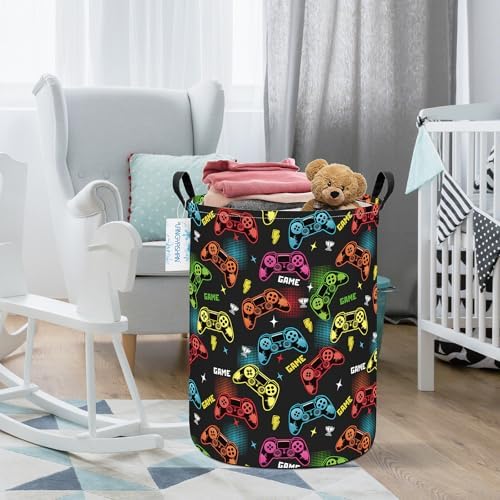 Round Laundry Basket Collapsible Boys Storage Hamper Organizer Game | Waterproof Canvas Foldable Baskets with sturdy Handles Multi-scene Organizer for Home Play Bedroom Gift Bin