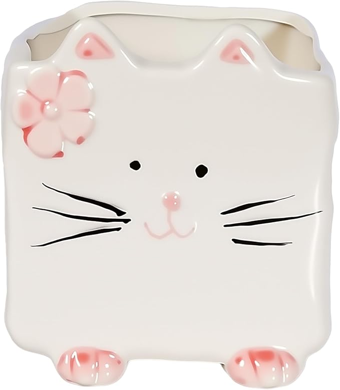 Ceramic Cat Pen Pencil Holder, Cute Desk Organizer for Office and School | Cat Shaped Design for Pens, Makeup Brushes and Plants, Cute Decor Gift for Women, Moms and Birthdays