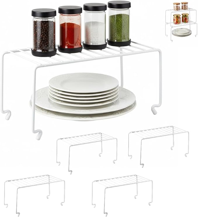 4-Pack Small (10.8x5.3inch) White Stackable Shelf Organizer Rack, Wire Shelf Rack for Kitchen Cabinet, Pantry, Desk Organization and Storage, Rustproof