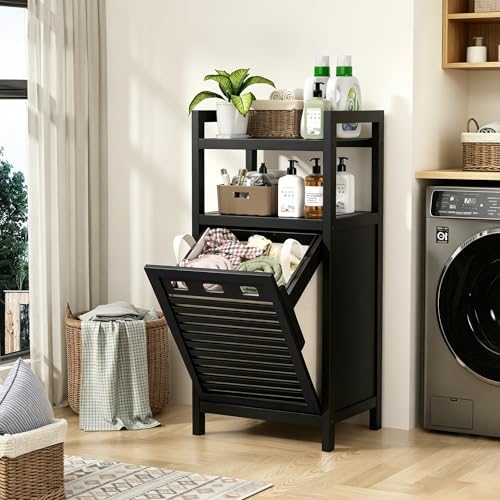 VASMIA Tilt Out Laundry Hamper,Bamboo Laundry Storage Cabinet with Shelf,10 Gal Hidden Laundry Basket Organizer for Bathroom,Laundry Room,Black