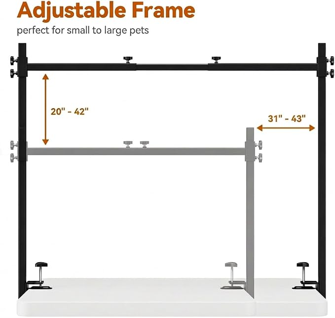 H Shape Dog Grooming Arm for Table, L Size Hammock, 42" H, 31-43" W | Heavy Duty, Adjustable Grooming Stand, Clamp Fits up to 2.76", with Hammock & 2 Nooses for Home Grooming & Nail Trimming