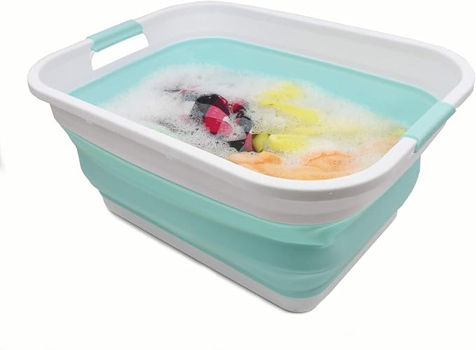 SAMMART 41L (10.8 gallon) Collapsible Plastic Laundry Basket-Foldable Pop Up Storage Container/Organizer-Portable Washing Tub, Water capacity: 32L (8.4 gallon) (Rectangular, White/Lake Green)