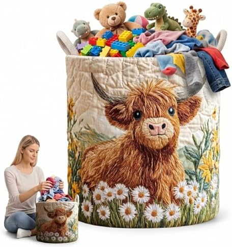 Quilted Highland Cow Laundry Basket Canvas Storage Bin with Handles Cute Daisy Flower Clothes Hamper Organizer(14"x 18")