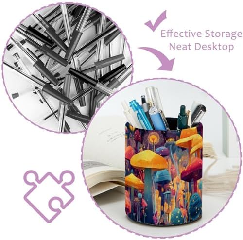 Faux Leather Pen Holder for Desk, Pencil Organizer Mushroom Pen Cup Desk Decor Makeup Brush Holder Storage for Office Home