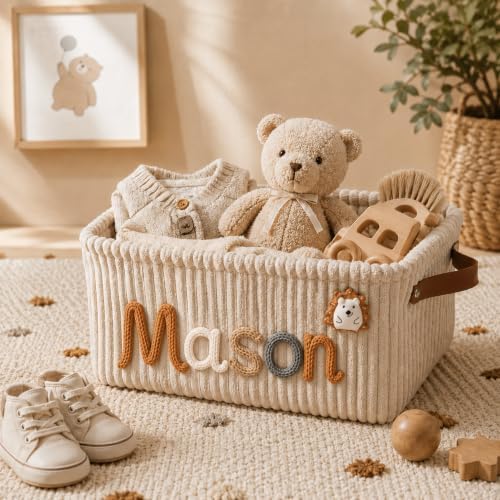 KALOTOYS Personalized Baby Basket with Name, Custom Corduroy Nursery Storage Bin with Knitted Name and Crochet Icons, Newborn Diaper Caddy Organizer Boys Girls