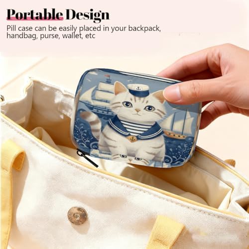 Weekly Pill Organizer Travel Size Bag with Removable 7 Day Pill Box Portable Vitamin Case Purse with Zipper,Sailor Cat Striped Collar Anchor Hat