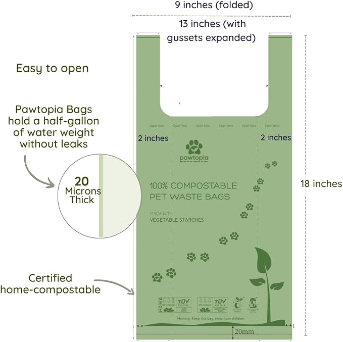 Pawtria Home Compostable XL Poop Bags with Handles, 100 Bags, Mega Roll | Extra Large Leak-Proof Dog Poop Bags with Handles for Cat Litter, Yard Cleanup & Large Dogs