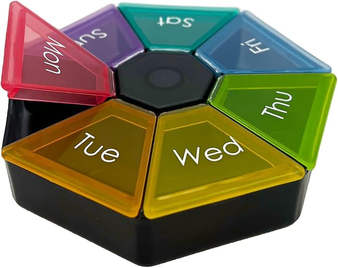 Ezy Dose Weekly (7-Day) Pill Organizer, Medicine Planner, Rainbow/Black | Vitamin & Supplement Case/Box, Rounded Base with Spacious Compartments, Convenient & Easy to Use, Great for Travel, BPA-Free