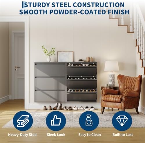 Garvee Slim Metal Shoe Cabinet with 3 Flip Drawers for Entryway, Dark Gray | Narrow Shoe Storage, Wall Mounted or Floor Standing, Detachable Bottom Corners for Flexible Placement, Anti-Tip Wall Mount