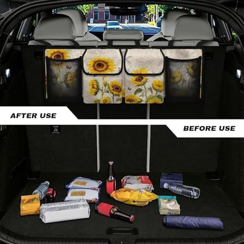 Dreaweet Sunflower Trunk Organizer for Car Women Cute Car Storage Accessories Interior Trunk Organizers Back Seat Hanging Storage with 4 Large Pockets,Hanging Trunk Organizer for SUV Car Sedan