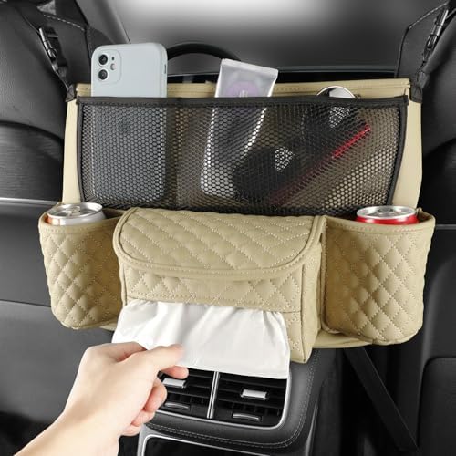 Car Handbag Holder Between Seats Car Organizer, Leather Large Capacity Car Purse Holder for Front Seat, Seat Back Net Bag Double-sided Tissue Storage Handbag Holder Car Accessories (Beige)