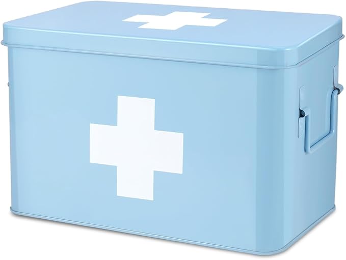Flexzion Large Metal First Aid Box Empty, 13-Inch, Blue with White Cross | Vintage Medicine Box and First Aid Storage Organizer with Removable Tray and Dividers; Empty Box Only, Supplies Not Included