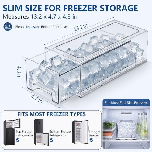 Stackable Ice Storage Bin for Freezer with Front Slide-Out Drawer | Clear PET bin with lid, 12.6 x 5.9 x 4.3 in, includes scoop, tongs and 10 washable labels, for ice and frozen fruit