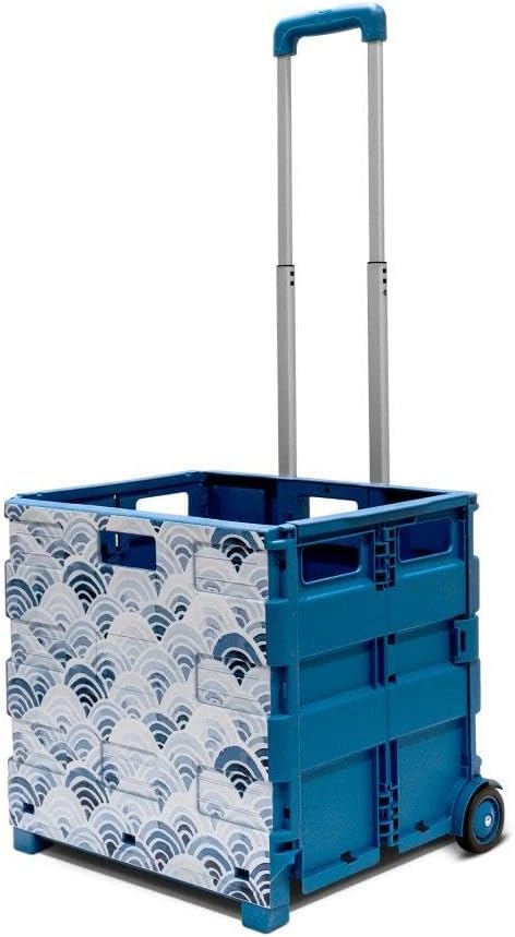 Inspired Living Ultra-Slim Rolling Collapsible Storage Pack-N-Roll Utility-carts, with Telescopic Handle, for Home, Garden, Shopping, Office, School use, Large, Blue, Wave Print