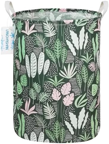Round Laundry Basket Collapsible Storage Hamper Organizer Full Leaf | Waterproof Canvas Foldable Baskets with sturdy Handles Multi-scene Organizer for Home Play Bedroom Gift Bin