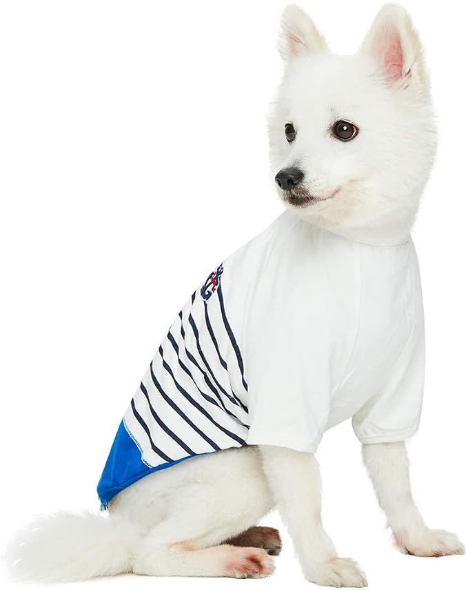 Blueberry Pet Soft & Comfy Summer Vacation Beach Cotton Dog T-Shirt in Blue Stripes, Sea Lover Shirt Tank Top Clothes, Back Length 16", for Medium Large Dogs