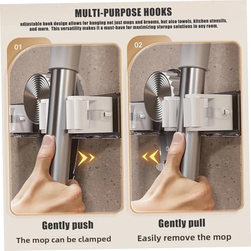 2PCS Suction Cup Broom Holder Wall Mount, No Drill Mop and Broom Organizer with Retractable Towel Rack, Transparent Bathroom Storage, Grey Holder and Mop Wall Mount Hanger Organizer Hangi