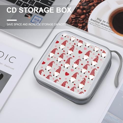 DVD Storage Binder for 40 Discs Love Heart Gnome Pattern, Hard Shell Protective Wallet with Handle, Portable CD Organizer for Car Travel