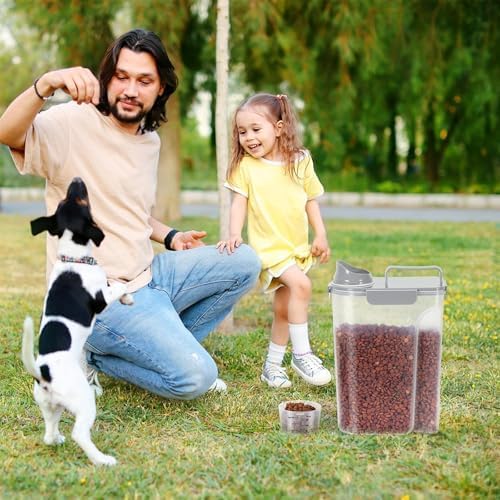 5-7Lbs Portable Cat Dog Food Storage Container with Upgraded Large Spout and Cup Dispenser for Small Large Animal Kibble, Pet Bird snack, Oatmeal, Rice, Flour, Brown Sugar-3 Pack (Purple Gray Green)