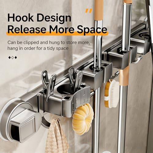 Duty Aluminum Suction Broom Holder for Bathroom Garage Without Drilling Needed Multi Hook Bathroom Planner
