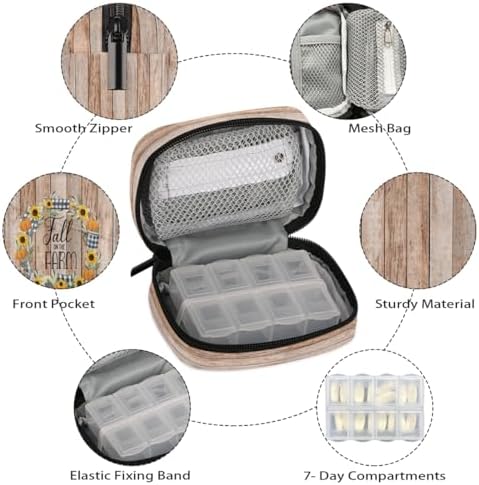 Pill Organizer Box Autumn Farm Wreath 7-Day Weekly Medicine Pill Case Travel Pill Container Portable Pill Holder Storage Purse Bag Small Compact Size for Vitamin Supplement Birth Control