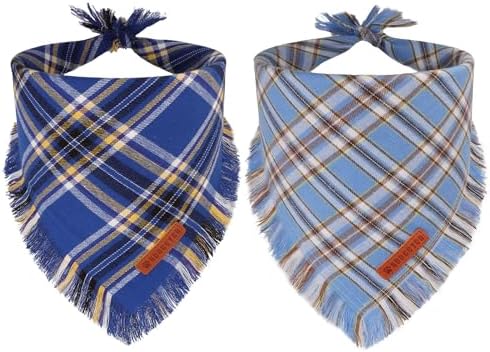 ADOGGYGO Dog Bandana Boy, Blue Plaid Cotton Scarf with Fringe, Small