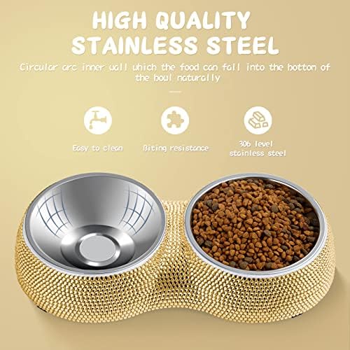 eing Dog Bowls Double Dog Water and Food Bowls Stainless Steel Bowls with Non-Slip Resin Station and Bling Rhinestones, Pet Feeder Bowls for Puppy Medium Dogs Cats Puppy Pets,Gold