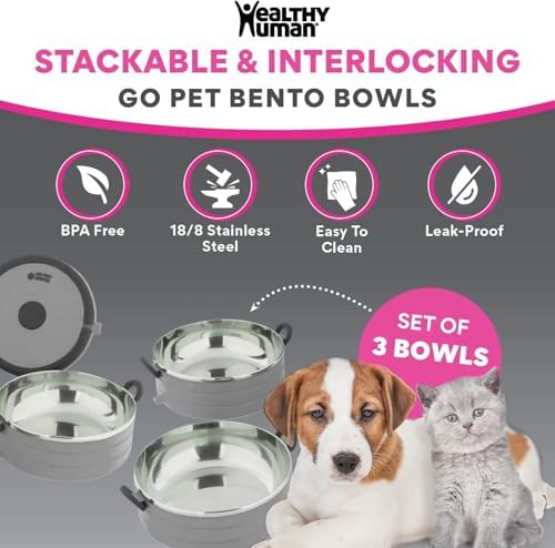 Healthy Human Travel Pet Bento Bowls - Human-Grade Stainless Steel & BPA-Free, Leak-Proof Water & Food Container Set for Dogs & Cats, 3-Pack Interlocking Bowls, Includes Spare Clips & Handle (Gray)