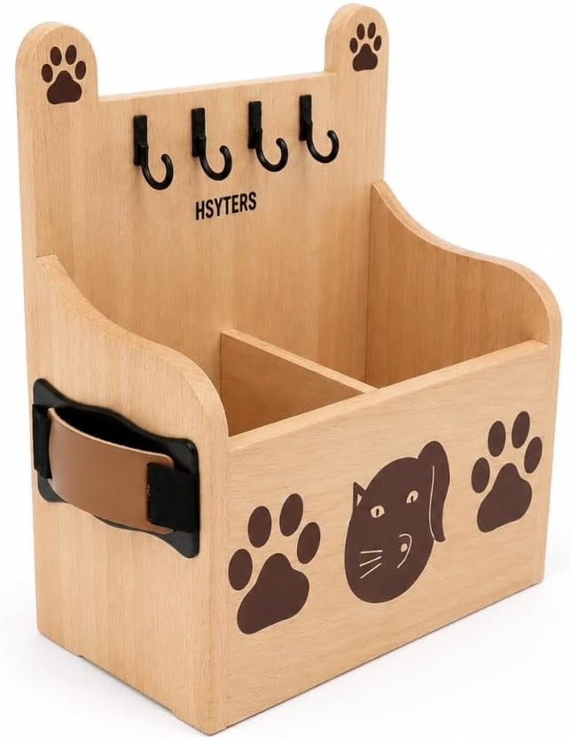 Handmade Pet Grooming Organizer – Solid Beechwood & Leather Holder for Dog & Cat Brushes, Combs & Accessories – Minimalist Premium Stand for Grooming Essentials