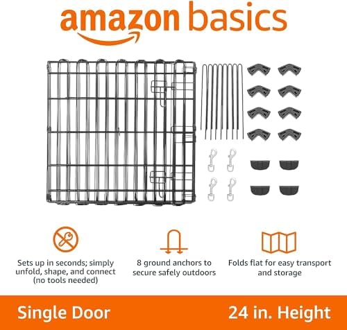 Amazon Basics Foldable Octagonal Metal Exercise Pen for Dogs, Indoor/Outdoor, Single Door, 8 Panels, 24" Height, Extra Small, Easy to Assemble, Black