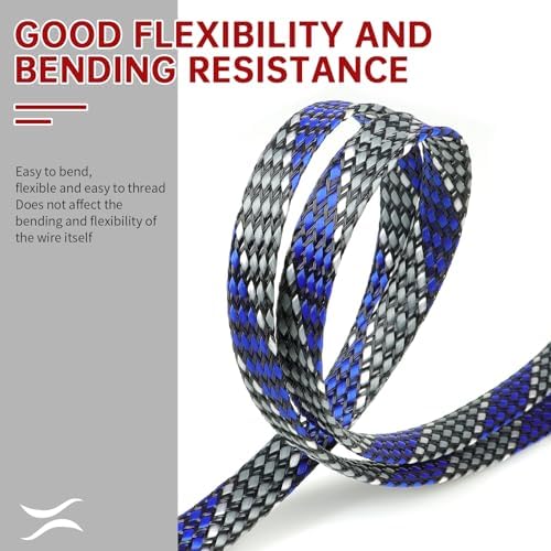 New Braid Sleeve,PP Cotton PET Braided Sleeve Tube Soft Wire Wrap Insulated Cable Protection Line Harness Sheath Daily Household Wire Management (Blue White Grey, 12mm (15/32")-19ft)