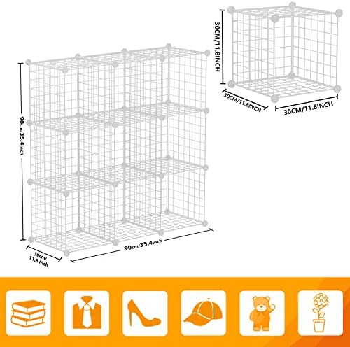 HUBSON Wire Cube Storage Organizer, Book/Toy/Craft/Potted Plants and petCloset Organizers and Storage Shelves, 9-Cube Freely Combinable Metal Grids Storage Shelf, White Iron