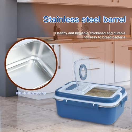 Rice Storage Container Bin 15 lbs Stainless Steel Flour Storage Containers with Lid Rice Grain Kitchen Bucket Airtight Canister for Cereals Flour Sugar Tea Milk Wine Ice, Dry/Wet Food,Blue