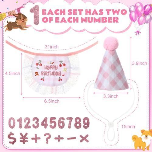Chicingyou Dog Birthday Outfit Set Lace Bib Number Stickers,Cute,Pink