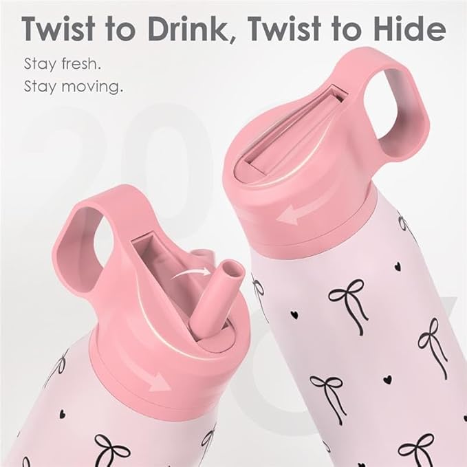 Bow Insulated Stainless Steel Water Bottle with Twist Lid 20oz, Travel Water Bottles for Sports & Gym, Gift for Women Girls Friends Birthday Christmas