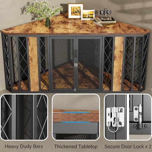 kepptory 67" Corner Wooden Dog Crate Furniture with Diamond Metal Decoration, Pet Kennel for Small, Medium and Large Dogs, Space-Saving Dog Cage for TV Stand(Brown)