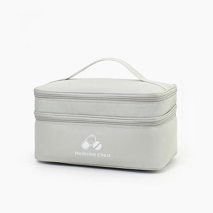 Dual Layers First Aid Bag Empty with Lockable Zipper,Pill Bottle Organizer Storage Bags,Household Medicine Storage Bag for Home Pills Vitamins Emergency Supplies Travel (Grey,11.02×7.87×5.91inch)