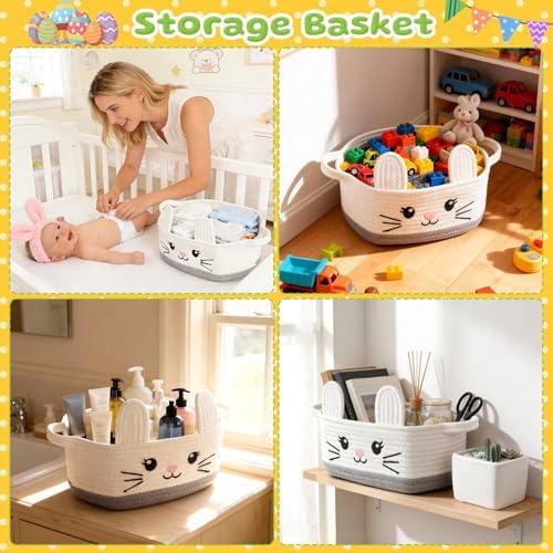 Small Woven Storage Basket with Handle, Cute Cotton Rope Bunny Baskets for Gift Empty, Storage Basket for Toy Organizer