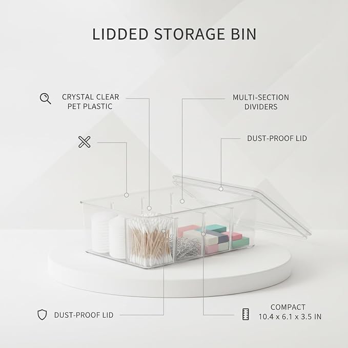 Durable PET Plastic Storage Bin with Lid and Dividers, Clear Organizer Box for Bathroom, Kitchen, and Office Desk, 10.4 x 6.1 x 3.5 Inches