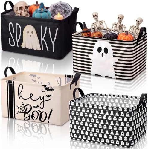 Chunful 4 Pcs Halloween Storage Baskets Black Hey Boo Cute Ghost Laundry Boo Basket Horror Scary Hamper Foldable Storage Bins with Handle Collapsible Organizer for Home Closet Office Bedroom