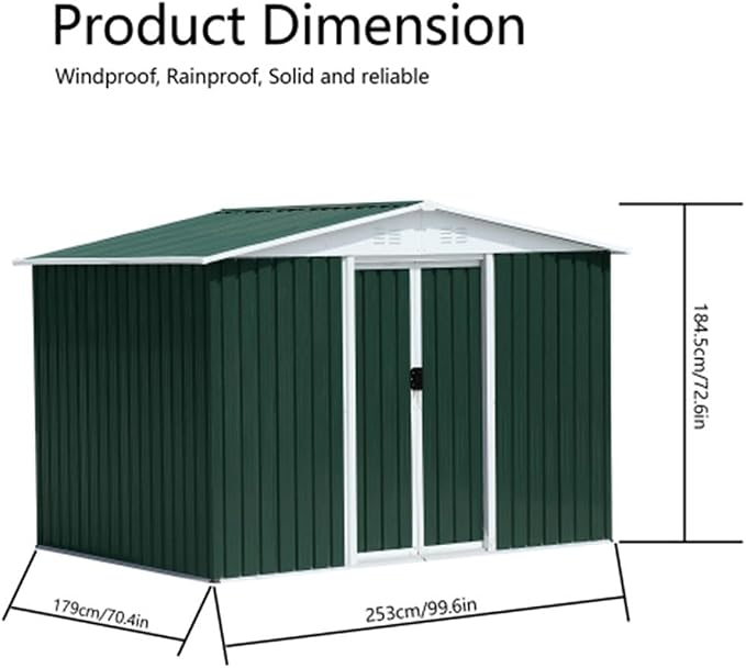 8' x 6' Outdoor Metal Storage Shed Outdoor Shed Galvanized Steel Garden Shed with Sliding Door and Window for Ventilation Storage Sheds House for Backyard Garden（Green）