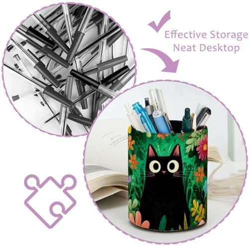Faux Leather Pen Holder for Desk, Pencil Organizer Black Cat Pen Cup Desk Decor Makeup Brush Holder Storage for Office Home
