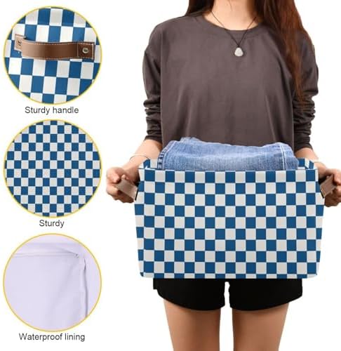 Navy Blue Grid Checked Plaid Storage Basket Canvas Fabric Foldable Storage Bins Boxes Organizer with Handles for Home 14×10×8.3 Inch 1 Pack