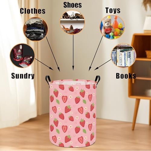 Round Laundry Basket Collapsible Storage Hamper Flower Strawberry | Waterproof Canvas Foldable Baskets with sturdy Handles Multi-scene Organizer for Home Play Bedroom Gift Bin