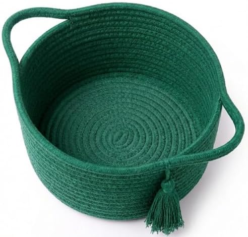 Small Gift Basket Empty to Fill with Gifts Bag & Ribbon, Green | Cute Decorative Mini Woven Rope Basket with Handles for Gifting; Reusable for Bathroom Counter or Desk Catchall, 8 x 4.7 in