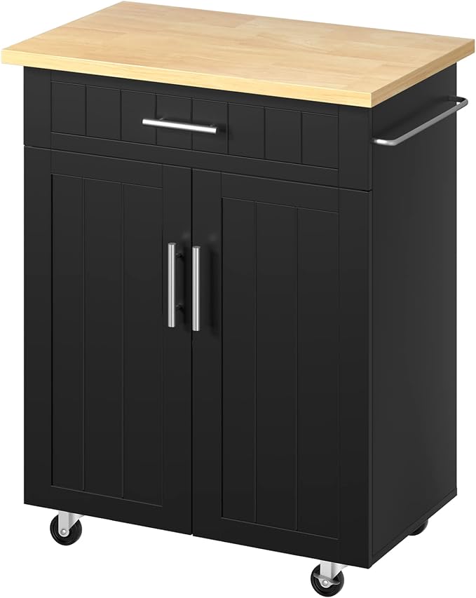 JY QAQA 26" Kitchen Island on Wheels with Storage Cabinet Kitchen Cart Cabinet with Shelves, Cart Handle for Towel Rack or Free Mobility, Portable Islands for Kitchen,Black