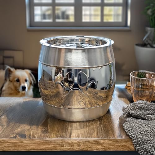 BREKX Premium Steel Dog Treat Container, Insulated Airtight Pet Food Container with Paw Print Design, Modern Silver Brushed Steel Dog Storage for Treats, 12-Cup Capacity