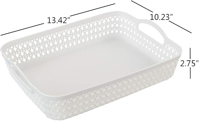 6 Packs Large Plastic Storage Tray with Handles, White | Plastic Storage Basket, Rectangle Storage Bins, Organizer Trays for Classroom, Desk, Office