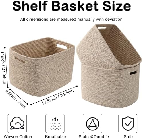 3 Pack Woven Baskets,Storage Baskets for Shelves with Handles | 13.5"×11"×9.5", Closet Baskets, Nursery Organizer for Toys Towels Books, Storage Bin for Living Room Bedroom (Mixed Brown)